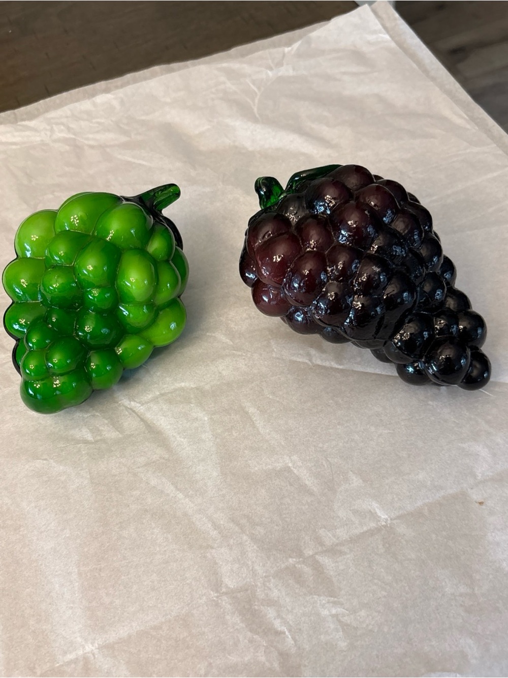 2 Vintage Murano Style Bright Green & purple Grape Cluster Art Glass 6”
